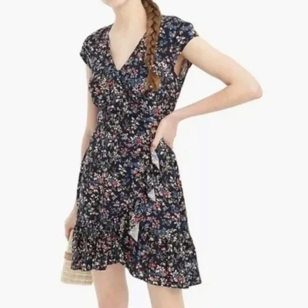 J.Crew Navy Floral Ruffle Mini Dress Romantic Cottagecore Soft Feminine - Picture 16 of 16